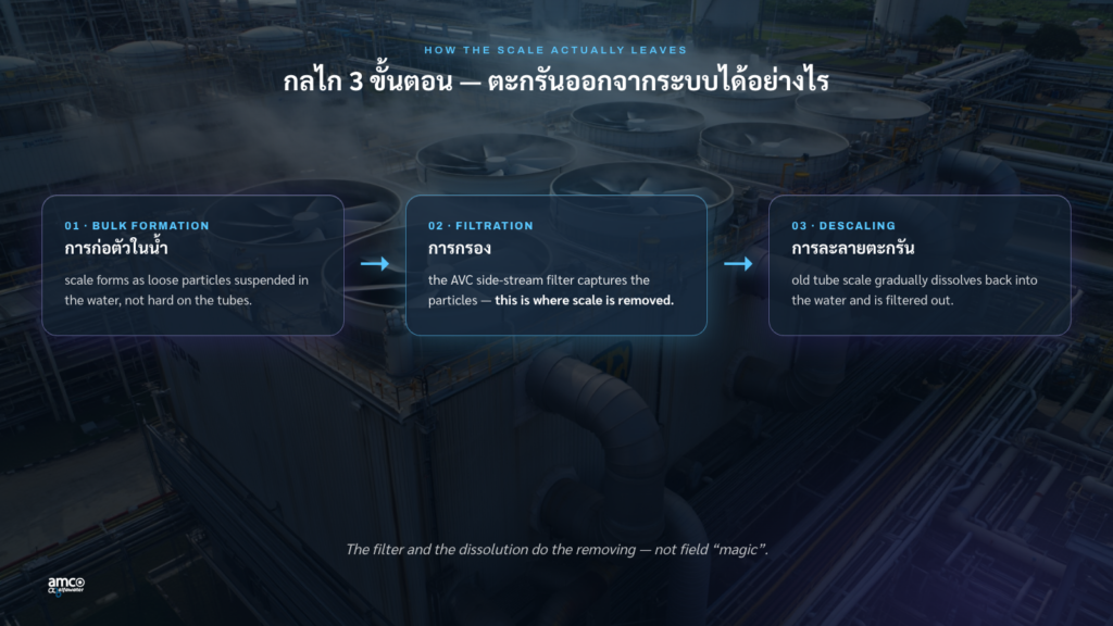 กลไก 3 ขั้นตอนของ side stream filtration: การก่อตัวในน้ำ → การกรอง → การละลายตะกรัน