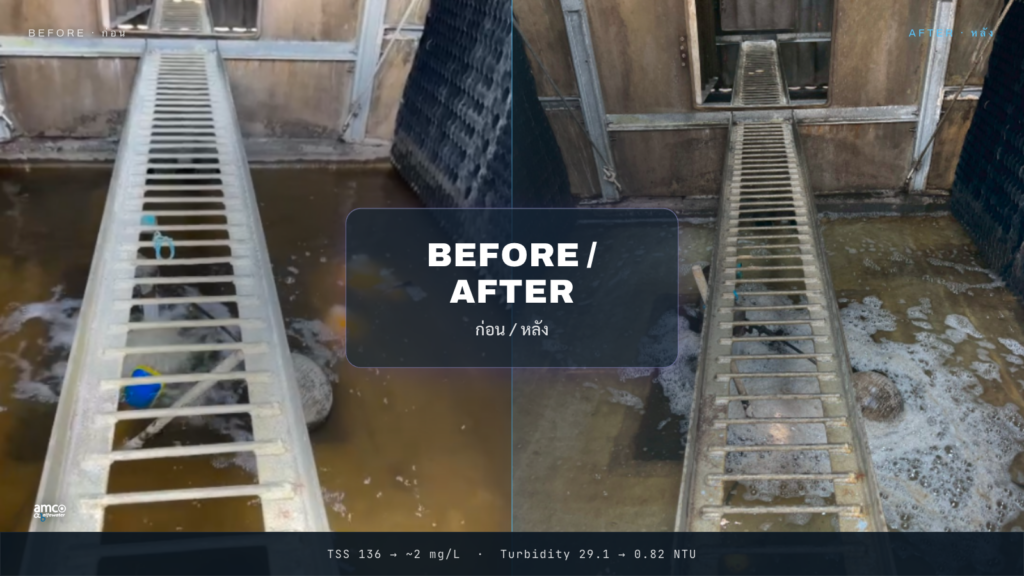 น้ำ cooling tower ก่อน/หลัง: ตัวอย่างขุ่น เทียบกับ น้ำที่กรองแล้วใส